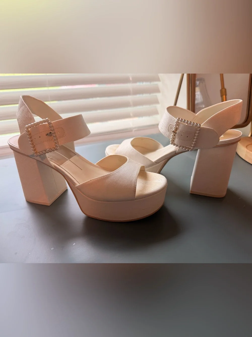 Dolce Vita Ivory Platform Block Heel Sandals with Pearl-Trim Buckle